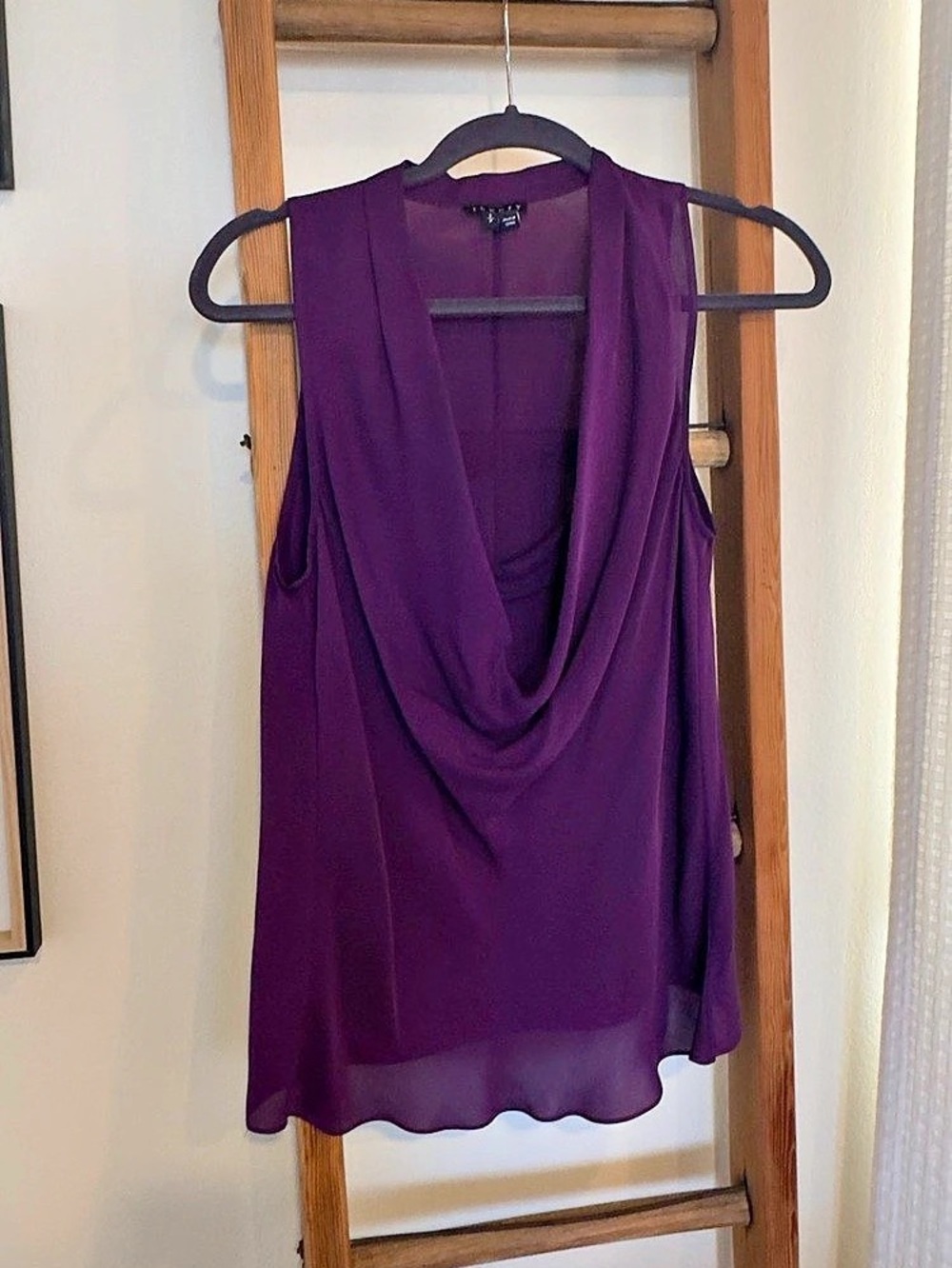 Theory Cowl Neck Blouse in Silk Georgette Purple Small